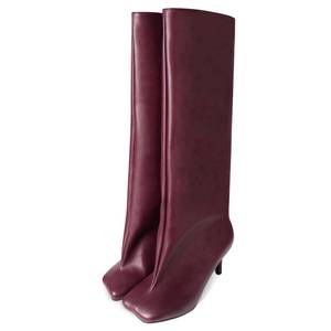 lot 18187 image: UBWDU Womens Knee High Boots Wide Calf Square Toe Stiletto Heels Tall Booties High Heel Long Boots Burgundy PU Size 9.5