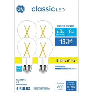 lot 18189 image: GE Classic LED 60 Watt Replacement, Bright White, A19 General Purpose Bulbs (4 Pack)