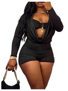 lot 18214 image: WDIRARA Womens Draped Cowl Neck Romper Long Sleeve Bodycon Shorts Jumpsuit Party Clubwear Black X-Large
