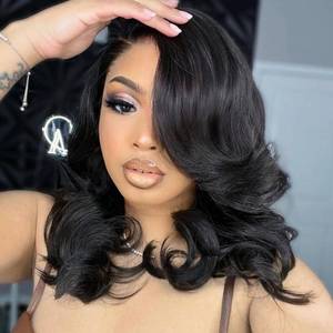 lot 18219 image: WIGER Short Wavy Wigs for Women Black Loose Wave Bob Hair Wig 14 Inch Side Part Big Curly Glueless Lace Part Hair Synthetic Curly Wig for Daily or Party