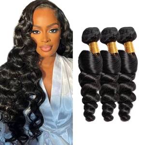 lot 18223 image: Human Hair Bundles Loose Wave Bundle 30 32 34 Inch Unprocessed Brazilian Virgin Remy Hair Black Loose Wave 3 Bundles #1B Human Hair Extension 150g