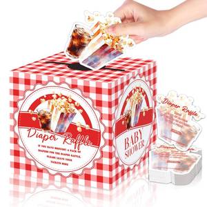 lot 18233 image: Shes Ready to Pop Theme Baby Shower Diaper Raffle Ticket Set with Box, 50 Gender Neutral Cards with Soda & Popcorn Design, Includes Raffle Box and Cards, Unisex Red Party Supplies and Game (Red)