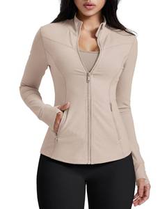 lot 18237 image: AVGO Womens Bbl Jacket Zip Up Yoga Lightweight Track Workout Jackets Athletic Sportwear with Pockets & Thumb Holes (Almond, Medium)