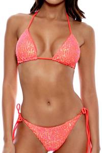 lot 18262 image: Womens Triangle Sequin Bikini Set Brazilian Halter String Backless Tie Side Thong Two Piece Swimsuit Bathing Suit Coral Pink