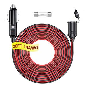 lot 18265 image: RWUJILONG 12V24V Heavy Duty Cigarette Lighter Extension Cord 26FT 14AWG with LED Light for Car Vehicle Tire Pump Air Compressor Refrigerator Coffee Maker etc. (1Spare Fuse)