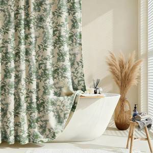 lot 18266 image: Blgiont Farmhouse Sage Green Floral Shower Curtain with 12 Clear Rings, Fabric Faux Linen Shower Curtain Set, Vintage Cottagecore Shower Curtain for Bathroom 72 W x 84 L