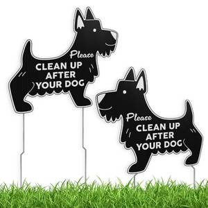 lot 18283 image: Clean Up After Your Dog Signs with Stakes, 11 x 10 Inch Black Dog Shaped Double Sided No Pooping Signs for Yards for Yard, Weather-Resistant Corrugated Plastic Lawn Sign