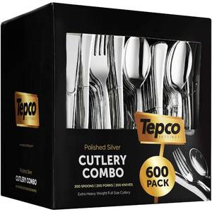 lot 19004 image: 600 Plastic Silverware Set - Plastic Cutlery Set - Disposable - Flatware Set - 200 Forks - 200 Spoons - 200 Knives - Heavy Duty - Party Bulk - Silver