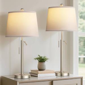 lot 19005 image: Bedside Table Lamps Set of 2, Tall Silver Table Lamps for Living Room, Height Adjustable Nightstand Lamps for Bedroom, Modern Lamps with Pull Chain for End Table Office(Bulbs Included), Sand Nickel