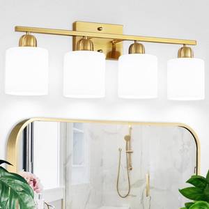 lot 19013 image: 4 Light Gold Light Fixture Bathroom, Brushed Gold Vanity Light with Milky White Frosted Glass Shades, Lights for Bathroom Mirror for Living Room Bedroom Hallway E26 Base