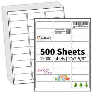 lot 19016 image: 500 Sheets 15000 Labels 30-up 1 x 2-58 Shipping Address Labels, FBA Barcode Label for Laser & Inkjet Printers, 30 per Page Self Adhesive Return Sticker