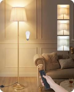 lot 19021 image: GOEBLESON Dimmable Floor Lamp for Living Room, 68 Tall Standing Lamp, Reading Light with Remote & Foot Pedal, 10W LED Bulb (3000K-6500K) Included, FCC Listed, Reinforced Base, Gold and White DW12LD05