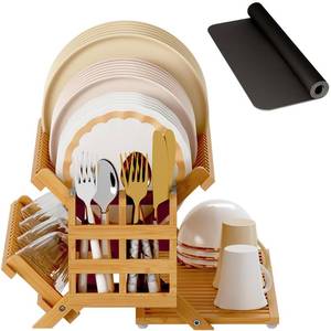 lot 19933 image: Greenual Bamboo Dish Drying Rack with Utensil Holder, 3 Tier Collapsible Dish Rack, Wooden Dish Racks for Kitchen Counter, Large Folding Drying Holder with Absorbent Dish Drying Mat