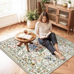 lot 19948 image: 4x4 Square Entry Rug Foyer Entryway Non-Slip Floral Washable Rugs for Indoor Floor Living Room Kitchen Bedroom - Soft Thin Doormat Carpet Boho Vintage Home Decor (4ft Square, Beige)