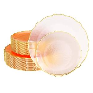 lot 19954 image: Exquisite Tinted Plates - 80 Piece Plastic Disposable Party Set for 40 Guests - 40 X 7.5 Dessert & 40 X 10 Thin Delicate Fancy Plates - Coral Peach with Gold Rim