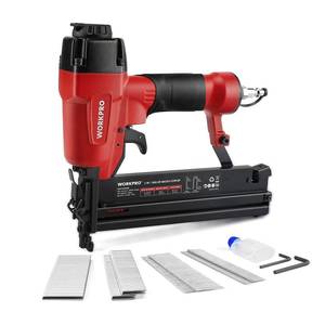 lot 19963 image: WORKPRO Pneumatic Brad Nailer, 18 GA, 2 in 1 Nail Gun and Crown Stapler, with 400pcs Nails 300pcs Staples, for Carpentry, DIY Project, Woodworking (Used)(Cosmetic damage)