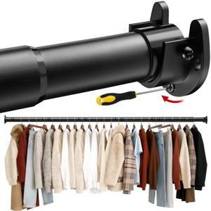 lot 19970 image: 17 to 84 Inch Closet Rods for Hanging Clothes with Screwdriver, Stepless Adjustable Closet Rod Heavy Duty, 1.3 Inch Clothes Hanging Rod Metal Closets Pole Bar for Wardrobes Laundry Bathroom RV, Black
