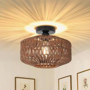 lot 19978 image: Jobtical Boho Rattan Light Fixtures, Dimmable Ceiling Light with LED Bulb, Hand Woven Rattan Chandelier for Bedroom, Living Room, Entryway (Dark Brown)