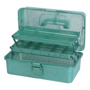 lot 19980 image: Qiveno 3-Tier Stackable Storage Organizer Box  Portable Multi-Use Tackle Box for Art Supplies, Makeup & Sewing Kits  Durable Design wAdjustable Compartments (Green)(Hinges broken)