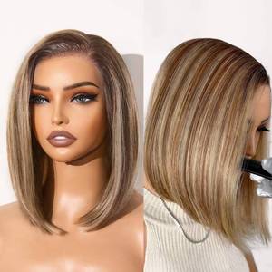 lot 19985 image: GORGIUS Blonde Bob Wig with Highlights Glueless Straight Short Synthetic Lace Front Wigs For Women Pre Cut Pre Plucked Side Part Hairline 12 Inch