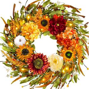 lot 19990 image: Fall Wreath for Front Door 22 Inch, Autumn Wreath Outdoor Artificial Harvest Decor with Timed LED Light for Thanksgiving Halloween Seasonal Door Hanger Decor