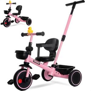 lot 19992 image: KRIDDO 2-in-1 Tricycle for Toddlers 1.5-5 Years, Push Tricycle with Parent Steering Detachable Handle, 9-Stage Adjustable Handlebar, Toddler Trike with Safety Belt, Clutch Pedals & Dual Basket, Pink