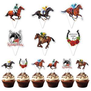 lot 20007 image: 24PCS Kentucky Cupcake Toppers �� Horse Racing Cupcake for Derby Party Decorations Equestrian Birthday Race Day Run for the Roses Cake Toppers Gold Red Party Supplies