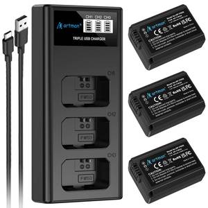 lot 20483 image: Artman NP-FW50 Battery 3-Pack and Upgraded 3-Slot ZV-E10 Battery LCD Charger for Sony ZV E10, Alpha A6500 A6400 A6300 A6000 A5100 A5000, A7S II, A7S, A7R II, A7R, A7 II, A7, RX10 II III IV Cameras