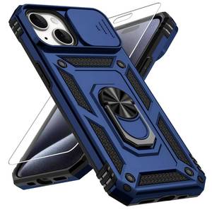 lot 20487 image: Vinve for iPhone 15 Plus Case, Slide Lens Cover, HD Screen Protector, Military Grade Drop Protection, Magnetic Rotated Ring Holder Kickstand Protective Phone Case (Navy Blue)
