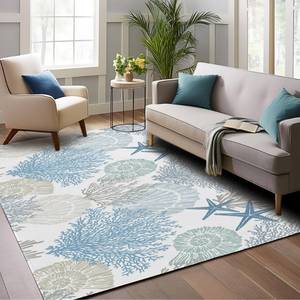 lot 1344 image: Coastal Beach 5x7 Area Rugs for Living Room, Bedroom, Entryway, Dining & Office - Shell Starfish Coral Washable Non-Slip Low-Pile Floor Mat