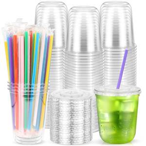 lot 1348 image: Etersky 100PCS 20 oz Clear Plastic Cups with Lids and Colorful Straws, Round Bottom Disposable To Go Coffee Smoothie Juice Bubble Tea Cups, PET Party Cups for Holiday, Birthdays, Picnics, Christmas