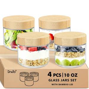 lot 1350 image: DRKIO 10 Oz Overnight Oats Containers with Bamboo Lids - 4 Pack Glass Storage Jars with Airtight Lids Wide Mouth Mason Food Jars Great for Meal Prep Salad Chia Pudding Snacks Yogurt Sugar Spice