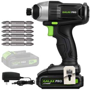 lot 1373 image: GALAX PRO Impact Driver 20 V Lithium Ion 14 Hex Cordless Driver with LED Work Light, 6 Pieces Screwdriver Bits, Variable Speed (0-2800 RPM)- 1.3 Ah Battery and Charger Included