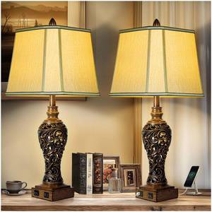 lot 1385 image: 28.5 Tall Farmhouse Vintage Table Lamp Set of 2 with Faux Silk Shade USB Ports Nightlight Decor for Bedside Living Room Bedroom Nightstands Office Home, Dark Bronze(Bulbs Included)