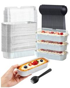 lot 1402 image: LNYZQUS Mini Cake Pans with Lids 100 Pack,Individual Foil Baking Tins,Disposable Mini Loaf Pans Small Cakes Tin Cupcake Containers for Bake Sale Wedding-White,6.8oz