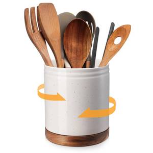 lot 1404 image: DOWAN 7.6 360° Rotating Utensil Holder, Kitchen Utensil Holder for Countertop,Large Ceramic Utensil Crock for Kitchen Decor, Protection Cork Bottom, Speck White