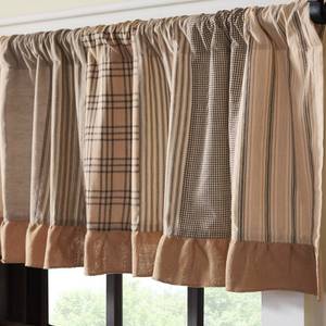 lot 2324 image: VHC Brands Sawyer Mill Charcoal Farmhouse Curtains for Kitchen Window Topper Linen Plaid Striped Patchwork Ruffled Light Filtering (Valance 19x72)