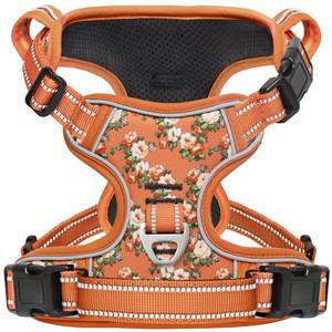 lot 2356 image: Timos Dog Harness for Medium Dogs, No Pull Service Vest with Reflective Strips and Control Handle,No Choke Dog Harness with 2 Metal Rings for Easy Walking,Outdoor Training,Flower Orange, M