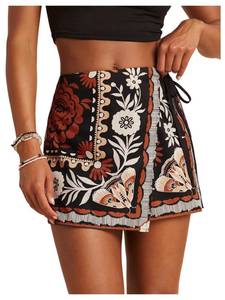 lot 2357 image: SweatyRocks Womens Boho Mini Skirts Floral Shorts Tie Side Wrap Elastic Waist Summer Skorts Beach Vacation Outfits Black X-Small
