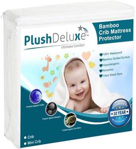 lot 2367 image: PlushDeluxe Crib Mattress Protector, 28x49, 100% Waterproof, Noiseless, Ultra Soft Viscose Made from Bamboo with Quilted Terry Cotton Top, White Fitted Sheet Style Toddler Crib Cover