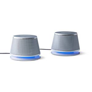 lot 2383 image: Amazon Basics Stereo 2.0 Computer Speakers with LED Lights for PC, Laptop or Desktop, Volume Control, 3.5mm Aux Input, USB-Powered, Silver, 1 Pair