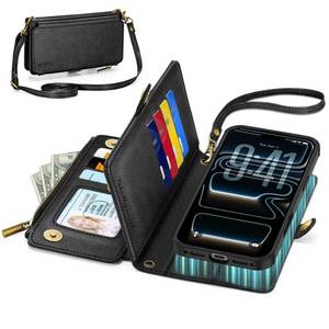 lot 2406 image: TUCCH Removable Crossbody Case Wallet for iPhone 17 Pro Max, 10 Card Slots RFID Blocking, Stand, Lanyard, Wrist Strap, Wireless Charging, Zipper Pocket, PU Leather, Magnetic Flip Cover, Textured Black