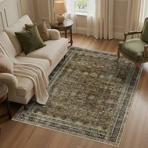 lot 3321 image: WITSHOCK 6x8 Area Rugs for Living Room - Washable Vintage Rug Retro Antique Traditional Large Non Slip Low Pile Soft Boho Indoor Floor Carpet for Bedroom Dining Room Home Decor, Brown Olive Green