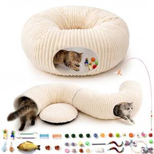 lot 3323 image: MOYMO Cat Tunnel Bed with 40 Pcs Interactive Cat Toys, Cat Tube with Kitten Toys for Indoor Kittens, Collapsible Play Tunnel, White