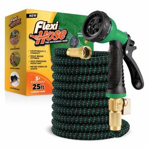 lot 4247 image: Flexi Hose with 8 Function Nozzle, 25FT - Lightweight Expandable Garden Hose, No-Kink Flexibility, 34 Inch Solid Brass Fittings and Double Latex Core - Black and Green