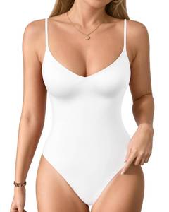 lot 4327 image: MANGOPOP Womens Cami Thong Bodysuit Double Lined Plunge Deep V Neck Backless Body Suit Adjustable Spaghetti Strap Tank Tops White X-Small