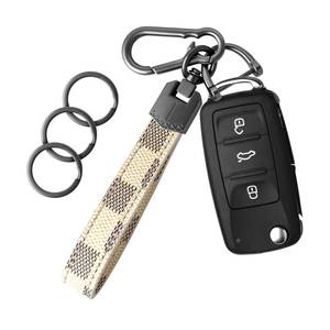 lot 4352 image: OHKYOOT Leather Car Key chain,Carabiner Clip Key Fob Keychain for Home Car Keys Women Men (Grid Off White)