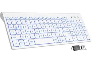lot 4361 image: SABLUTE Wireless Keyboard with 7 Colored Backlits, Rechargeable Silent Compact Cordless Computer Keyboard with Low Profile Quiet Light Up Keys for Windows, PC, Linux, Chrome, Mac (White)
