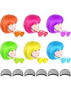 lot 4364 image: LOHO MAGICA 6 Pack Colored Wigs, Funky Colorful Wigs, Short Bob Hair Wig, Neon Party Wigs with Rimless Heart Sunglasses