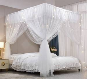 lot 5336 image: VETHIN 4 Corners Post Ruffle Princess Bed Canopy Curtain-Double Layer Cozy Drape Netting 4 Opening Mosquito Net for Girls Adults Bedroom Decoration (WhiteWhite, 59 W82 L82H(Queen))